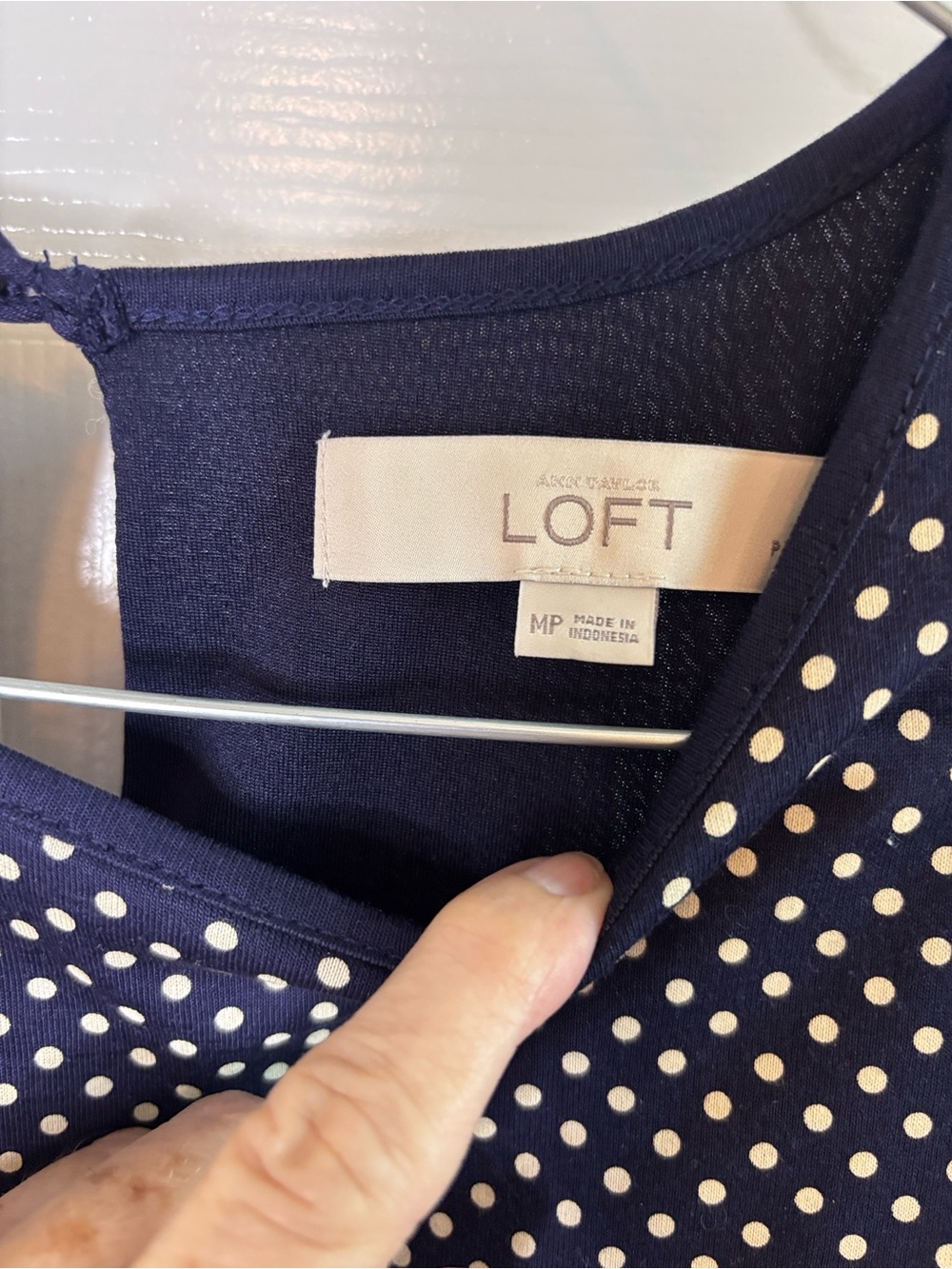 Loft Sleeveless Navy Polka Dot A-Line waisted Dress sz MP - Picture 2 of 7